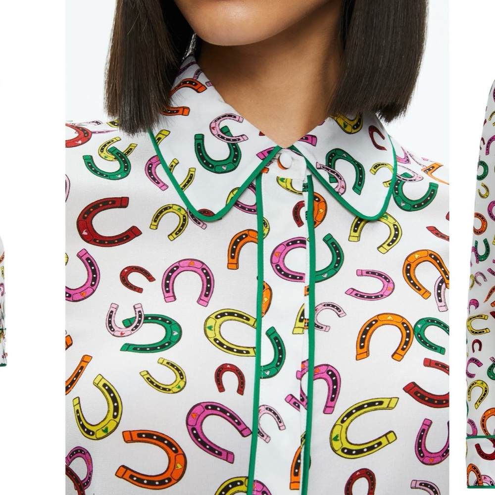 New! ALICE + OLIVIA “Lucky You” Willa Placket Horseshoe Silk Top with Piping